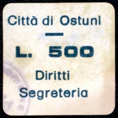 Marca da Bollo del Comune di OSTUNI su Carta Bianca di dimensioni 21 x 21 mm