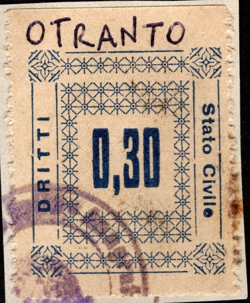Marca da Bollo del Comune di OTRANTO su Carta Bianca di dimensioni 20 x 14 mm