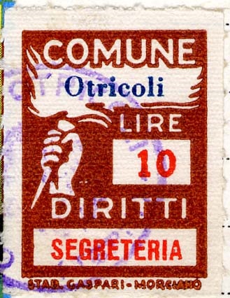 Marca da Bollo del Comune di OTRICOLI su Carta Bianca Sottile di dimensioni 18,5 x 26 mm