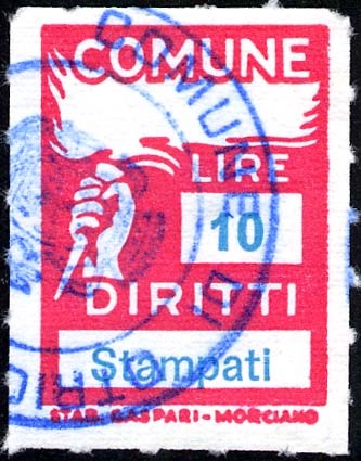 Marca da Bollo del Comune di OTRICOLI su Carta Bianca Sottile di dimensioni 18,5 x 26 mm