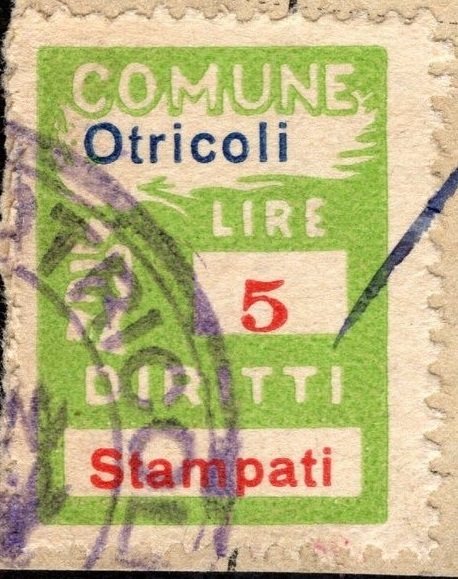 Marca da Bollo del Comune di OTRICOLI su Carta Bianca Sottile di dimensioni 18,5 x 26 mm