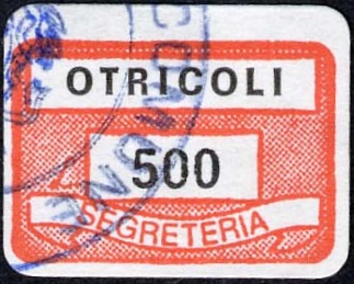 Marca da Bollo del Comune di OTRICOLI su Carta Bianca di dimensioni 19,5 x 13 mm