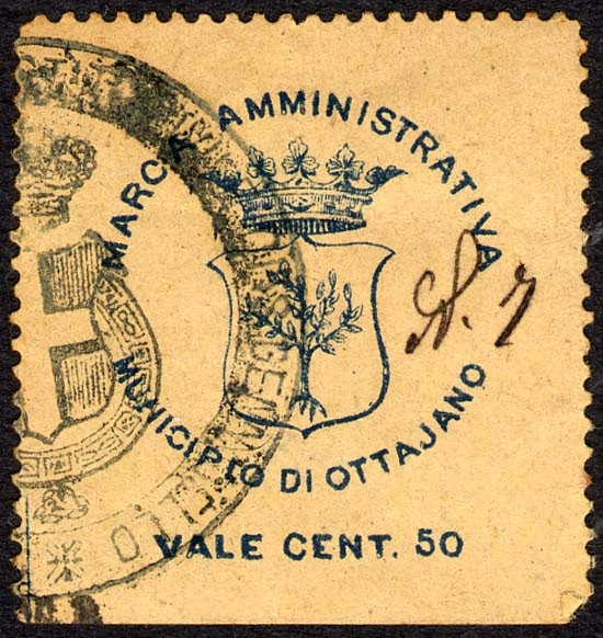 Marca da Bollo del Comune di OTTAVIANO su Carta Colorata di dimensioni 25 x 27 mm