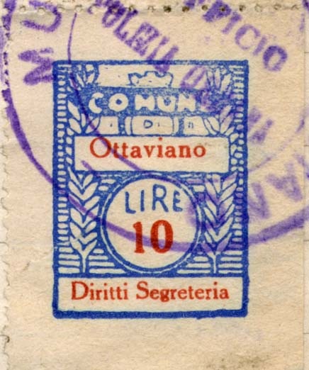 Marca da Bollo del Comune di OTTAVIANO su Carta Bianca di dimensioni 19 x 25,5 mm