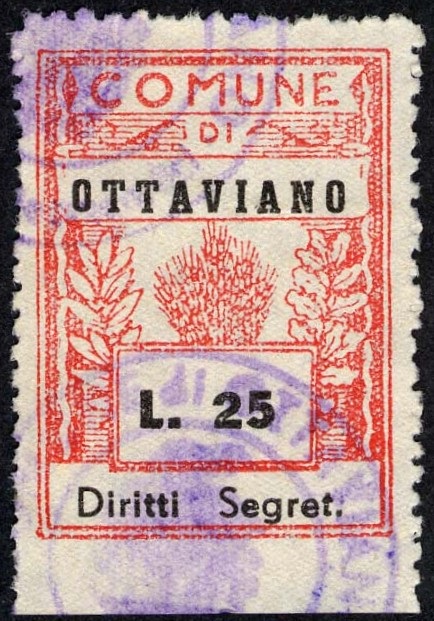 Marca da Bollo del Comune di OTTAVIANO su Carta Bianca Sottile di dimensioni 24 x 33,5 mm
