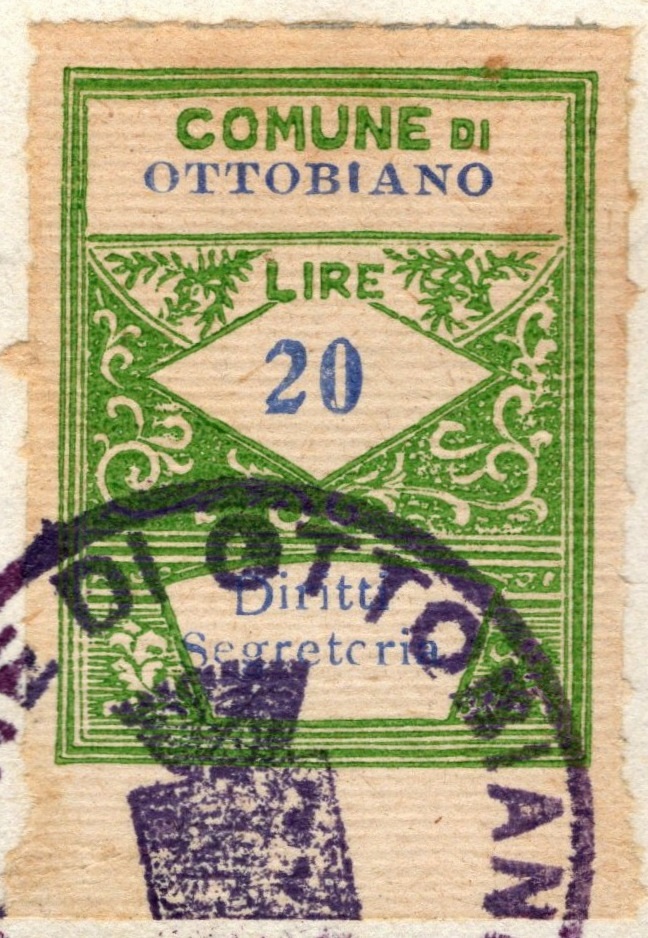 Marca da Bollo del Comune di OTTOBIANO su Carta Bianca di dimensioni 24 x 31,5 mm