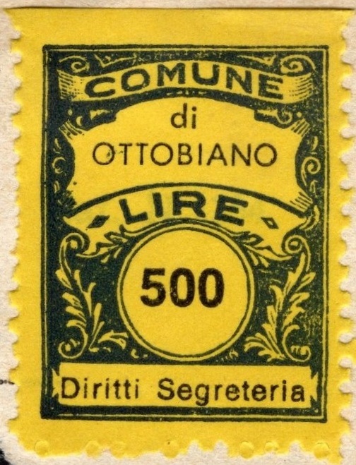 Marca da Bollo del Comune di OTTOBIANO su Carta Colorata di dimensioni 24 x 31,5 mm