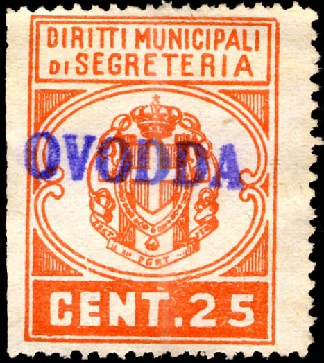 Marca da Bollo del Comune di OVODDA su Carta Bianca di dimensioni 24 x 31 mm
