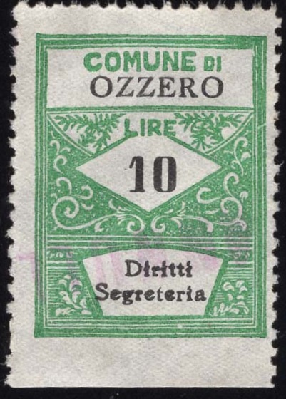 Marca da Bollo del Comune di OZZERO su Carta Bianca di dimensioni 22 x 29 mm