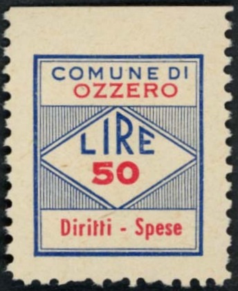 Marca da Bollo del Comune di OZZERO su Carta Bianca di dimensioni 11,5 x 20 mm