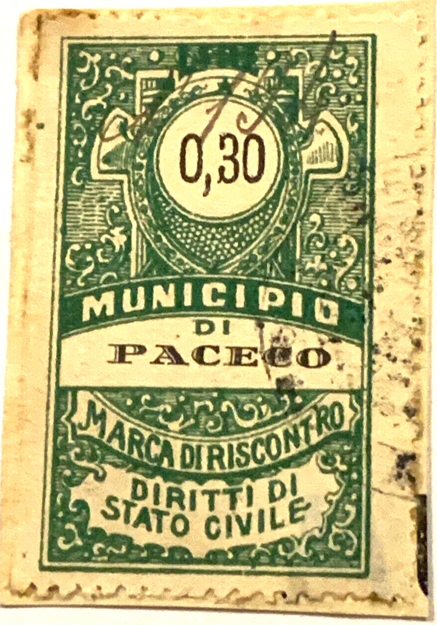 Marca da Bollo del Comune di PACECO su Carta Bianca di dimensioni 22,5 X 41 mm