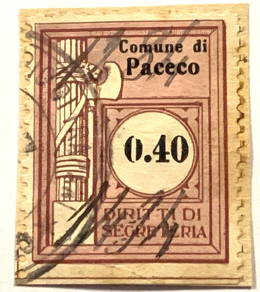 Marca da Bollo del Comune di PACECO su Carta Bianca di dimensioni 22 x 28 mm