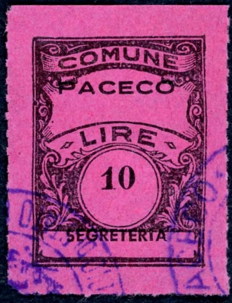 Marca da Bollo del Comune di PACECO su Carta Colorata di dimensioni 22,5 x 29 mm