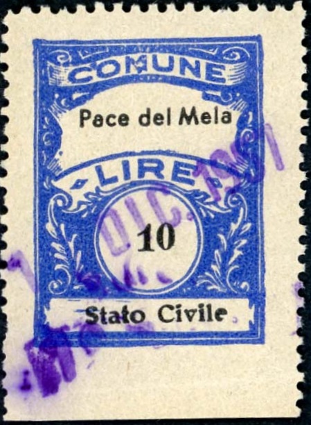 Marca da Bollo del Comune di PACE DEL MELA su Carta Bianca di dimensioni 22,5 x 29 mm