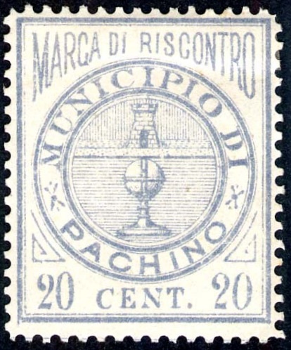 Marca da Bollo del Comune di PACHINO su Carta Bianca di dimensioni 24 x 29 mm
