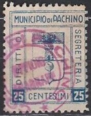 Marca da Bollo del Comune di PACHINO su Carta Bianca Sottile di dimensioni 24 x 28,5 mm