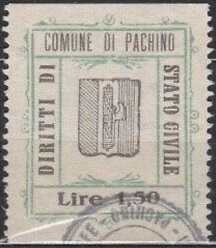 Marca da Bollo del Comune di PACHINO su Carta Bianca Sottile di dimensioni 25 x 28 mm