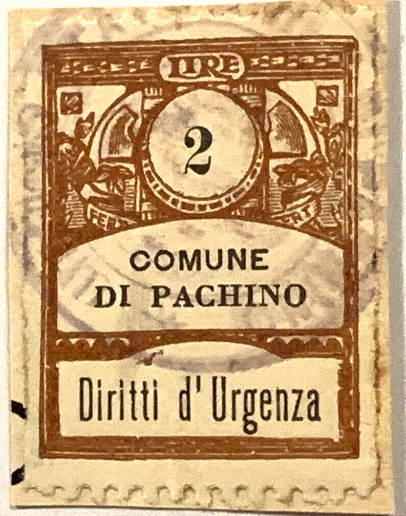 Marca da Bollo del Comune di PACHINO su Carta Bianca Sottile di dimensioni 22.5 x 28.5 mm