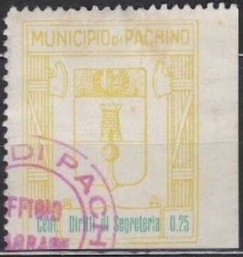 Marca da Bollo del Comune di PACHINO su Carta Bianca Sottile di dimensioni 25 x 28 mm