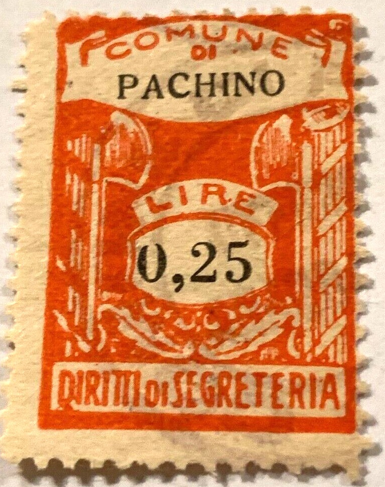 Marca da Bollo del Comune di PACHINO su Carta Bianca Sottile di dimensioni 21 X 33,5 mm