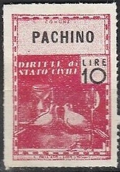 Marca da Bollo del Comune di PACHINO su Carta Bianca Sottile di dimensioni 21,5 x 32 mm