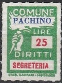 Marca da Bollo del Comune di PACHINO su Carta Bianca di dimensioni 21 X 27 mm