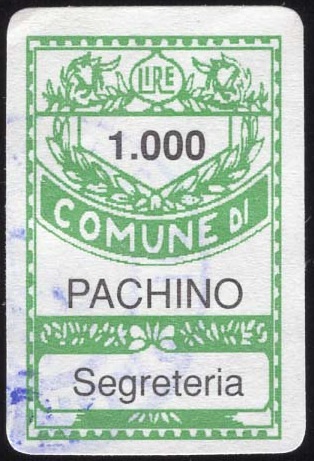 Marca da Bollo del Comune di PACHINO su Carta Bianca di dimensioni 18 x 30 mm