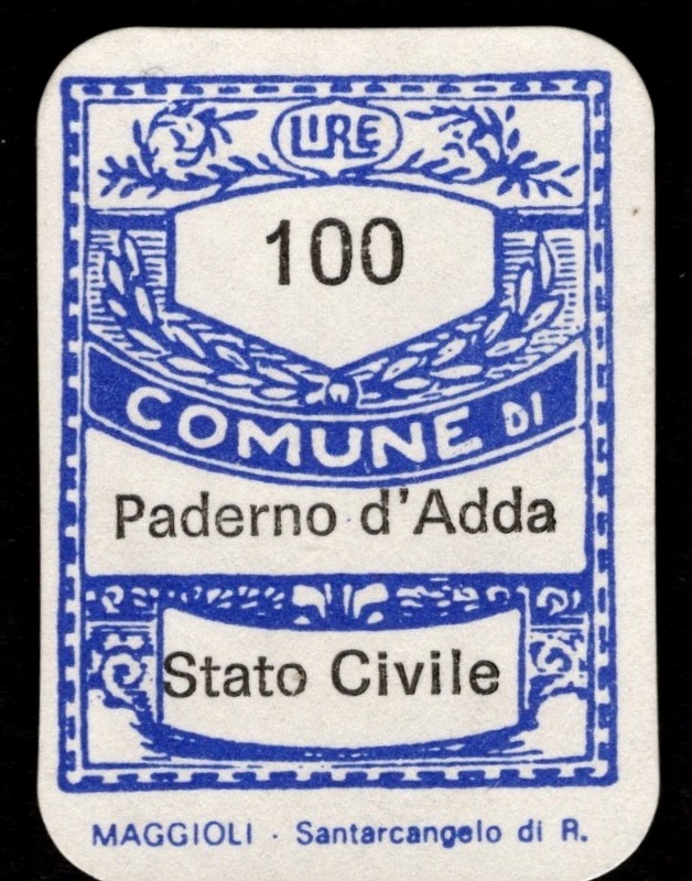Marca da Bollo del Comune di PADERNO D´ADDA su Carta Bianca Sottile di dimensioni 19 x 25 mm