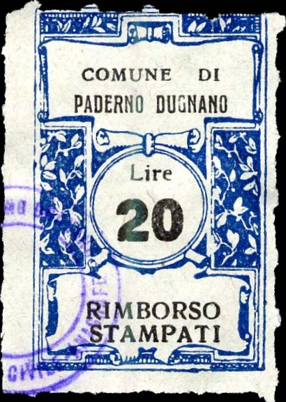 Marca da Bollo del Comune di PADERNO DUGNANO su Carta Bianca Sottile di dimensioni 22,5 x 35 mm