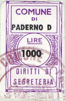 Marca da Bollo del Comune di PADERNO DUGNANO su Carta Bianca di dimensioni 17 x 27 mm