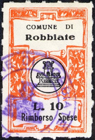 Marca da Bollo del Comune di ROBBIATE su Carta Bianca di dimensioni 22,5 x 35,5 mm
