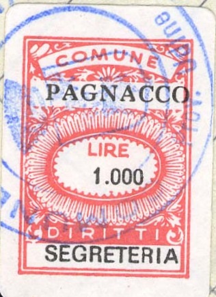 Marca da Bollo del Comune di PAGNACCO su Carta Bianca di dimensioni 15 x 23,5 mm