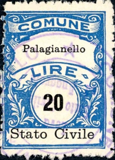 Marca da Bollo del Comune di PALAGIANELLO su Carta Bianca Sottile di dimensioni 22,5 x 29 mm