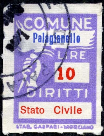 Marca da Bollo del Comune di PALAGIANELLO su Carta Bianca Sottile di dimensioni 18,5 x 26 mm