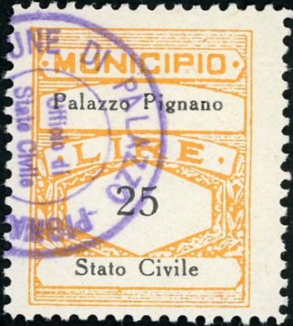 Marca da Bollo del Comune di PALAZZO PIGNANO su Carta Bianca di dimensioni 22,5 x 29 mm