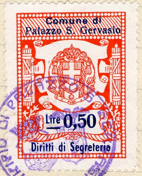 Marca da Bollo del Comune di PALAZZO SAN GERVASIO su Carta Bianca di dimensioni 22 x 27 mm