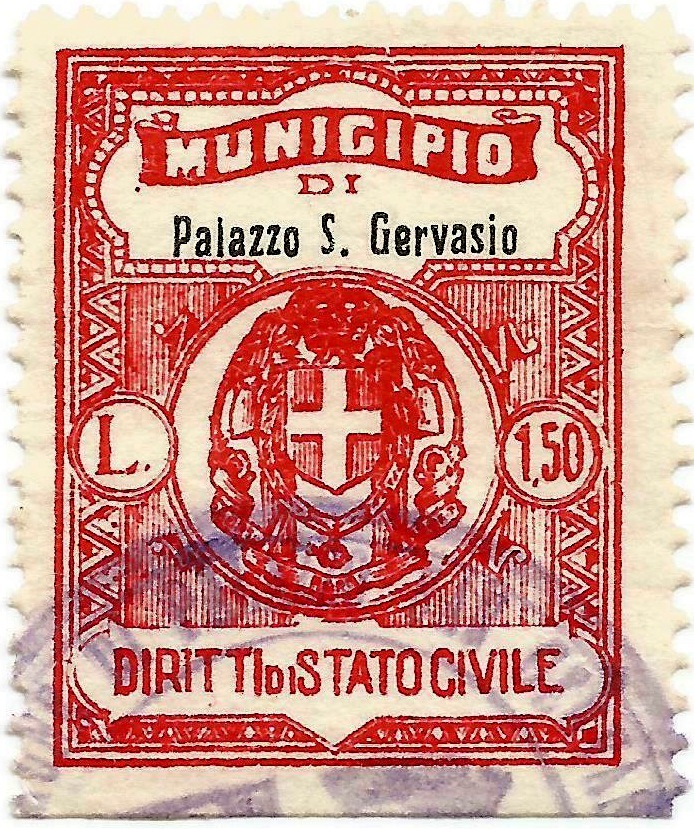 Marca da Bollo del Comune di PALAZZO SAN GERVASIO su Carta Bianca di dimensioni 22,5 x 28 mm