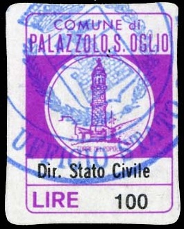 Marca da Bollo del Comune di PALAZZOLO SULL´OGLIO su Carta Bianca di dimensioni 15 x 9 mm