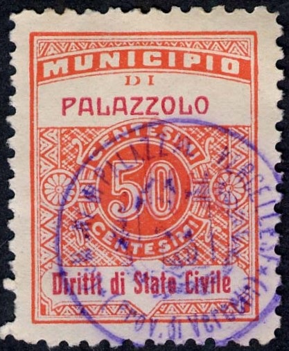Marca da Bollo del Comune di PALAZZOLO VERCELLESE su Carta Bianca Sottile di dimensioni 22 x 29 mm