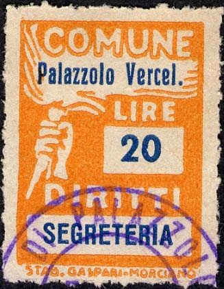 Marca da Bollo del Comune di PALAZZOLO VERCELLESE su Carta Bianca di dimensioni 19 x 26,5 mm