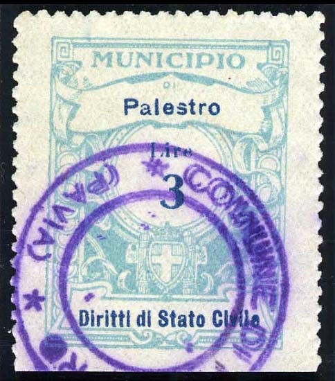 Marca da Bollo del Comune di PALESTRO su Carta Bianca di dimensioni 22,5 x 29 mm