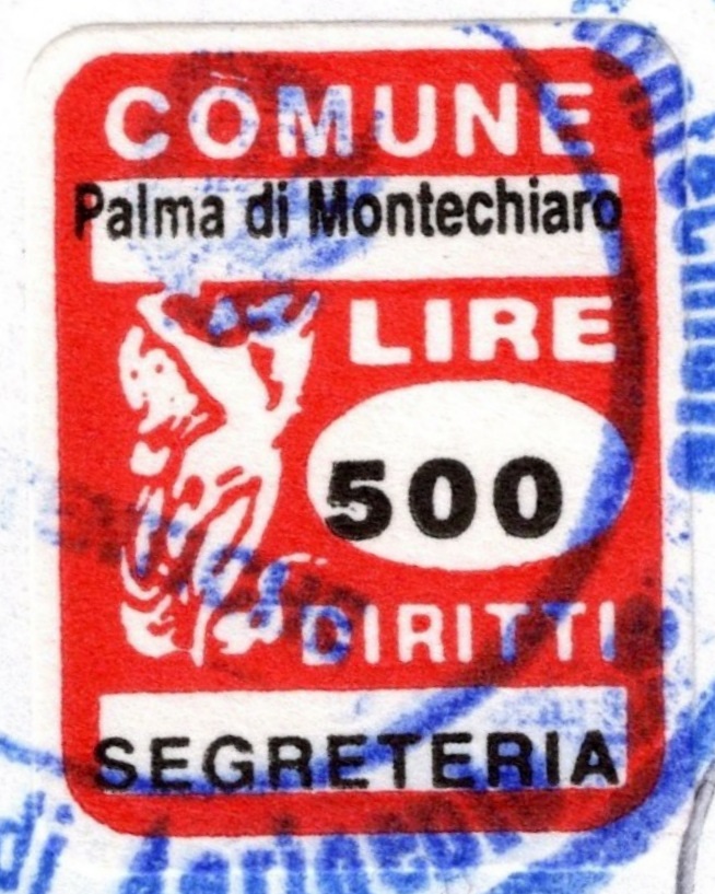 Marca da Bollo del Comune di PALMA DI MONTECHIARO su Carta Bianca di dimensioni 15 x 20 mm