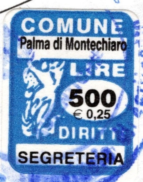 Marca da Bollo del Comune di PALMA DI MONTECHIARO su Carta Bianca di dimensioni 14 x 21 mm