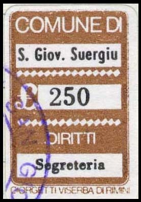 Marca da Bollo del Comune di SAN GIOVANNI SUERGIU su Carta Bianca di dimensioni 16 x 25 mm