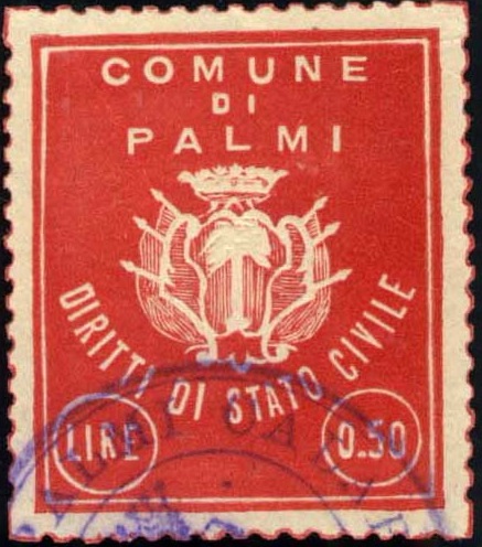 Marca da Bollo del Comune di PALMI su Carta Bianca di dimensioni 26 x 30,5 mm