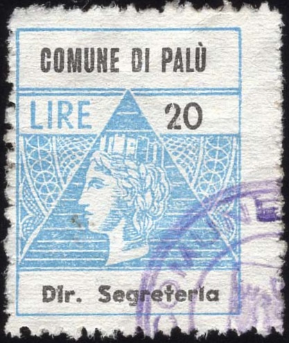 Marca da Bollo del Comune di PALU´ su Carta Bianca di dimensioni 22 x 26 mm