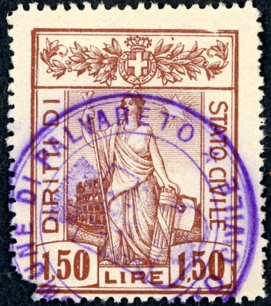 Marca da Bollo del Comune di PALVARETO su Carta Bianca di dimensioni 26,5 x 28 mm