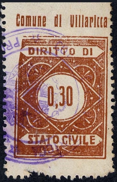 Marca da Bollo del Comune di VILLARICCA su Carta Bianca Sottile di dimensioni mm