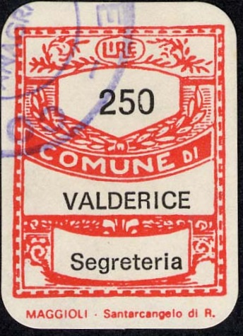 Marca da Bollo del Comune di VALDERICE su Carta Bianca di dimensioni 20,5 x 28,5 mm