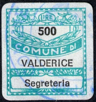 Marca da Bollo del Comune di VALDERICE su Carta Bianca di dimensioni 15,5 x 20,5 mm
